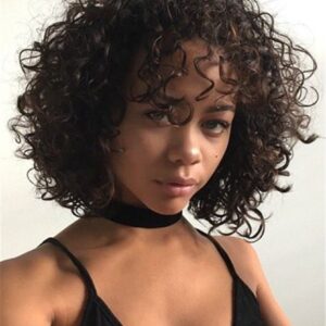 Fluffy Kinky Curly Bob With Bangs Medium Length Synthetic Hair Capless Cap Wigs 12 Inches