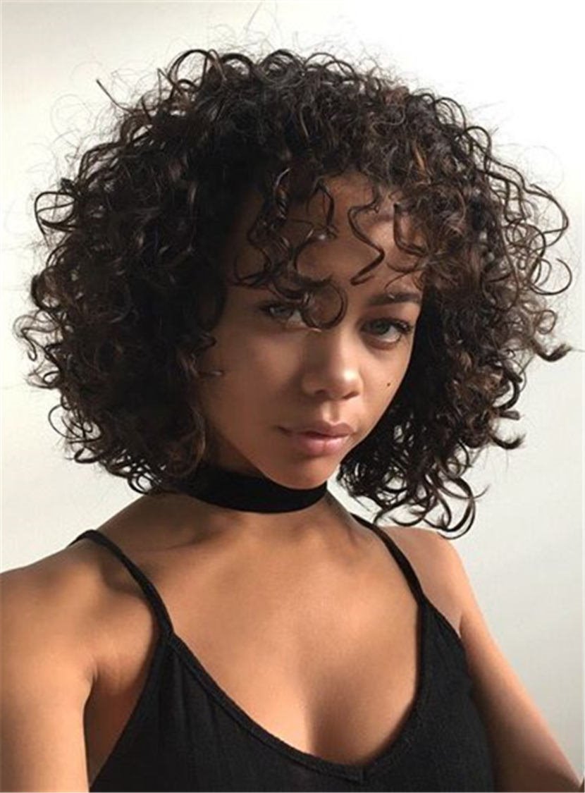 Fluffy Kinky Curly Bob With Bangs Medium Length Synthetic Hair Capless Cap Wigs 12 Inches - Image 39