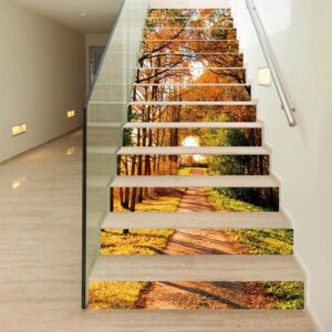 Waterproof Stair Murals Fall Autumn Tree Falling Leaves 3D Stair Murals Modern Leopard Wall Stickers Wall Decorations PVC Waterproof Stair Murals
