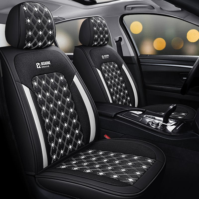 5 Seats Durable Leather Environmentally Friendly and Breathable Linen Material Trendy Diamond Lattice Pattern Security No Odor Stain Resistant Wear Resistant Full Coverage Four Seasons Universal Seat Covers - Image 5