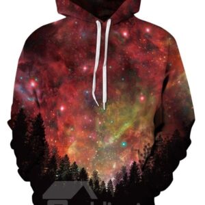 Long Sleeve Purplish Red Galaxy Pattern Pocket 3D Painted Hoodie