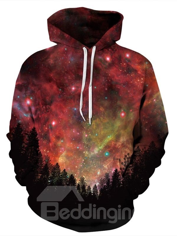 Long Sleeve Purplish Red Galaxy Pattern Pocket 3D Painted Hoodie