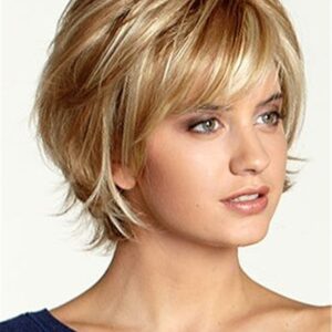 Capless Synthetic Hair Women Wavy 120% 12 Inches Wigs Heat Resistant Natural Looking Daily Party Wigs Cosplay Wigs with Natural Bangs with Free Wig Cap