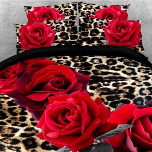 3D Red Rose Leopard Print Duvet Cover Set 4-Piece Bedding Set Comforter Cover with Zipper Closure and Corner Ties 2 Pillowcases 1 Flat Sheet 1 Duvet Cover High-Quality Microfiber