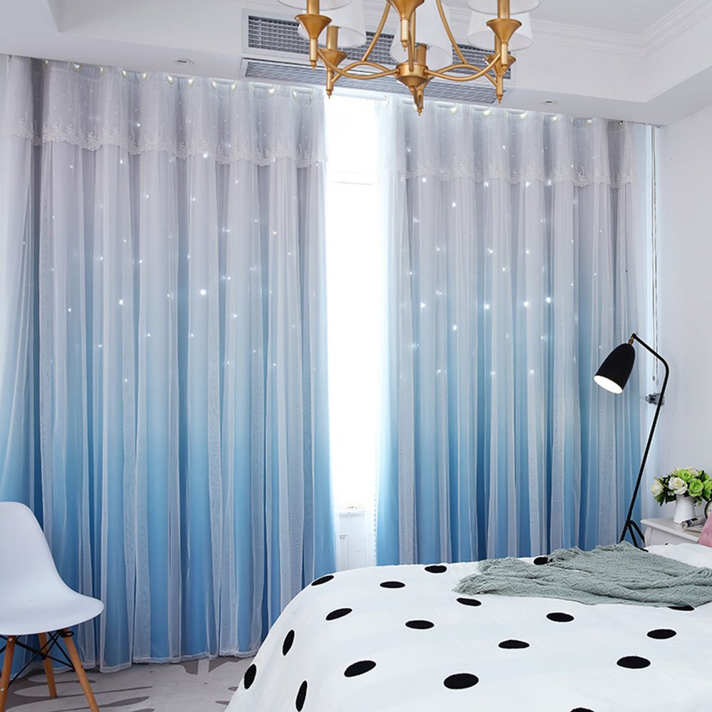 Romantic Princess Color Gradient Star Hollowed-out Custom Blackout Curtain Cloth and Sheer Sewing Together Double Pinch Pleat Curtain - Image 3