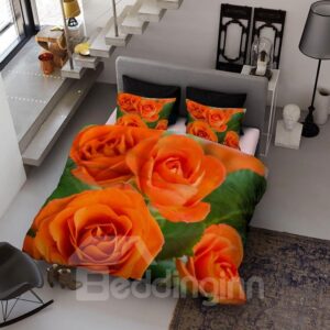 Blooming Yellow Roses Wear-resistant Breathable High Quality 60s Cotton 4-Piece 3D Bedding Sets