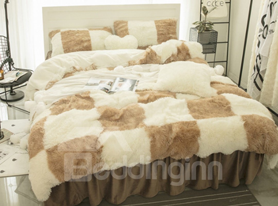 Brown and White Plaid Fluffy Bed Skirt 4-Piece Soft Bedding Sets/Duvet Cover - Image 3
