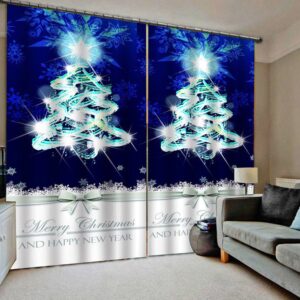 Christmas 3D Printed Window Curtains Blue Polyester Celebration Decoration Blackout Custom 2 Panels Drapes for Living Room Bedroom No Pilling No Fading No off-lining