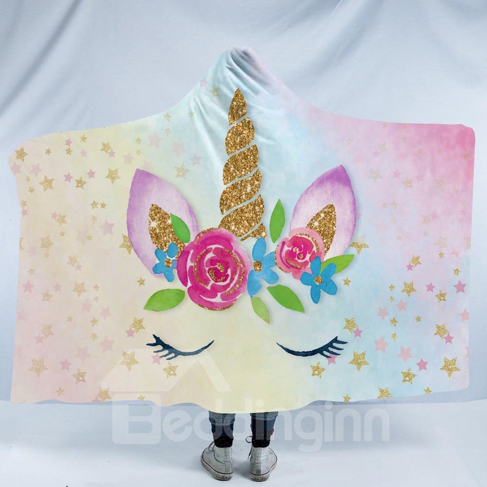 Rainbow Color Funny Unicorn Printing Polyester Hooded Blanket - Image 4