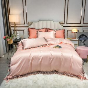 4-Piece Set Pink Soft Silky Bedding Sets  Set 2 Pillowcases 1 Flat Sheet 1 Duvet Cover Twin Full Queen King