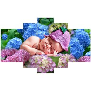 Baby Sleeping on Flowers Pattern Hanging 5-Piece Canvas Natural Style Eco-friendly and Waterproof Non-framed Prints