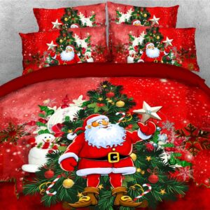 3D Christmas Bedding 5-Piece Comforter Sets Santa Claus Reindeer Gingerbread Man Ultra Soft Polyester 2 Pillowcases 1 Flat Sheet 1 Duvet Cover 1 Comforter