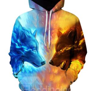 Fire Wolf Fight 3D Pattern Color Block Long Sleeve Cool Hoodies