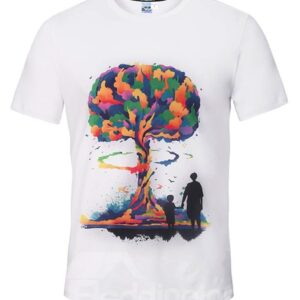 Round Neck Colorful Tree with Two Mans Pattern White 3D Painted T-Shirt