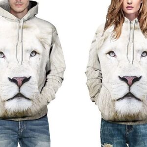 Unisex Novelty Long Sleeve Sweatshirt White Lion Face Couple 3D Painted Polyester Animal Hoodie
