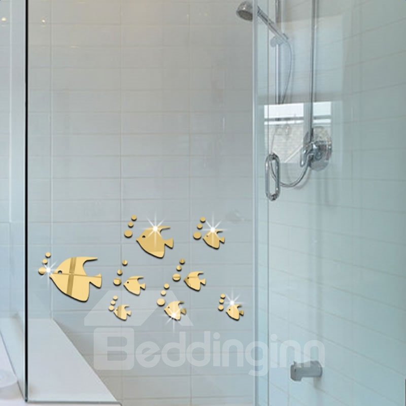 Silver/Golden Bubble Fishes Pattern Acrylic Mirror Waterproof and Eco-friendly 3D Wall Stickers - Image 2