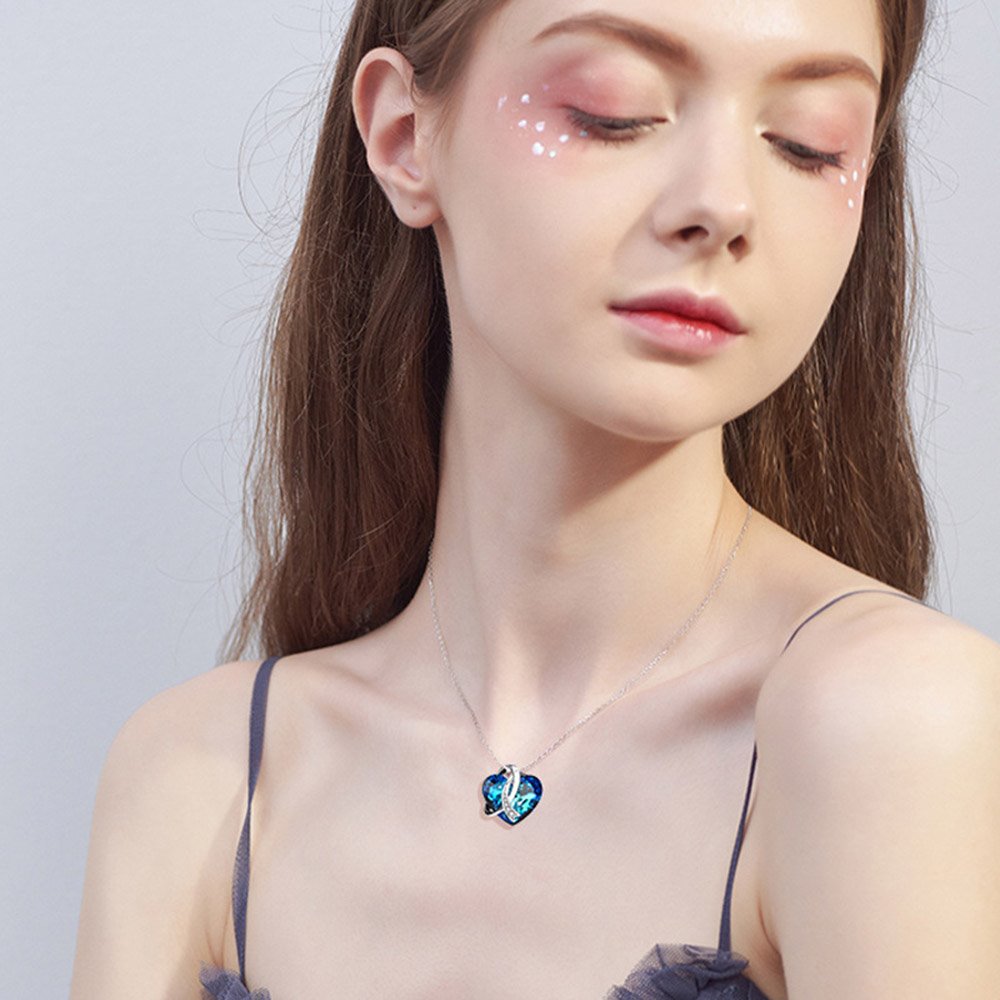 Blue Heart-Shaped Crystal Necklace 925 Sterling Silver Female Necklaces