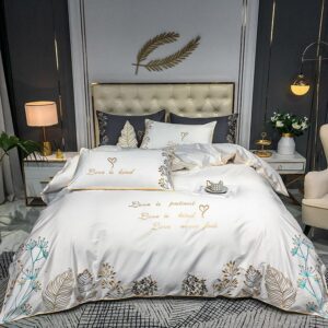 Modern Luxurious 4 PCS Duvet Cover Set White Elegant Embroidery Cotton Bedding Set 1 Duvet Cover 1 Flat Sheet 2 Pillowcases Soft Comfortable Durable