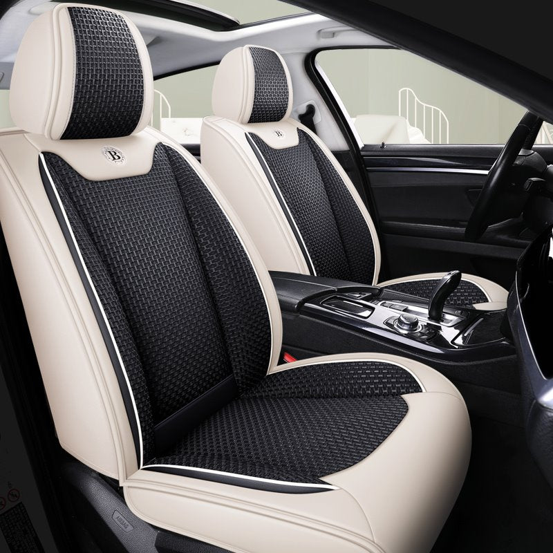 Cool and Hard-wearing Exclusive 5 Seater Universal Fit Seat Covers for Summer Combination of Durable Leather and Breathable Linen Material Compatible with Airbags Universal Fit Interior Accessories for Auto Truck Van SUV - Image 4