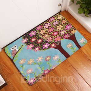 16¡Á24in Colorful Flowers and Tree Flannel Water Absorption and Nonslip Blue Bath Rug