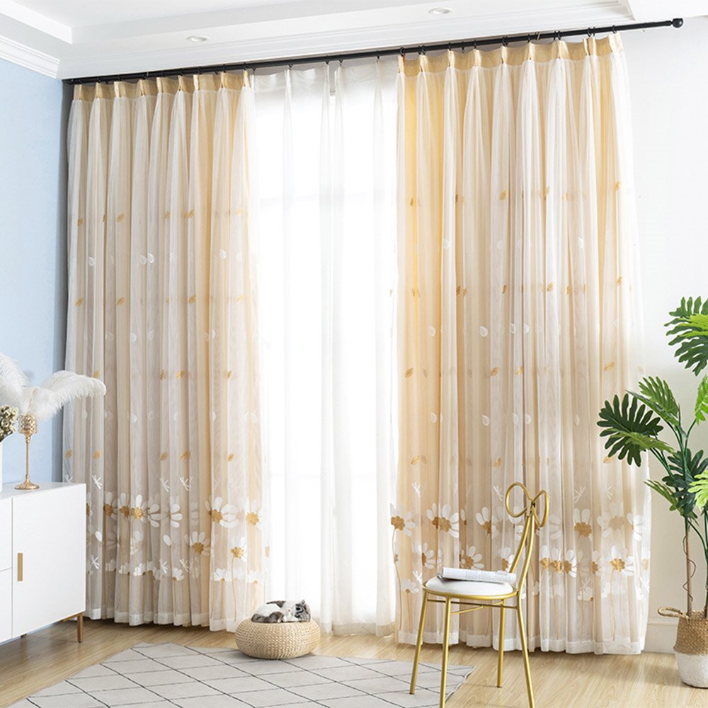 Modern Daisy Floral Embroidery Yellow Curtain Sets Sheer and Lining Blackout Curtain for Living Room Bedroom Decoration No Pilling No Fading No off-lining - Image 5