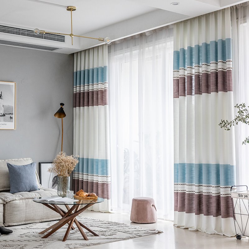 Linen Curtains Blue Coffe Plaid Blackout Curtain for Bedroom Thermal Insulated Textured Polyester Curtains for Living Room