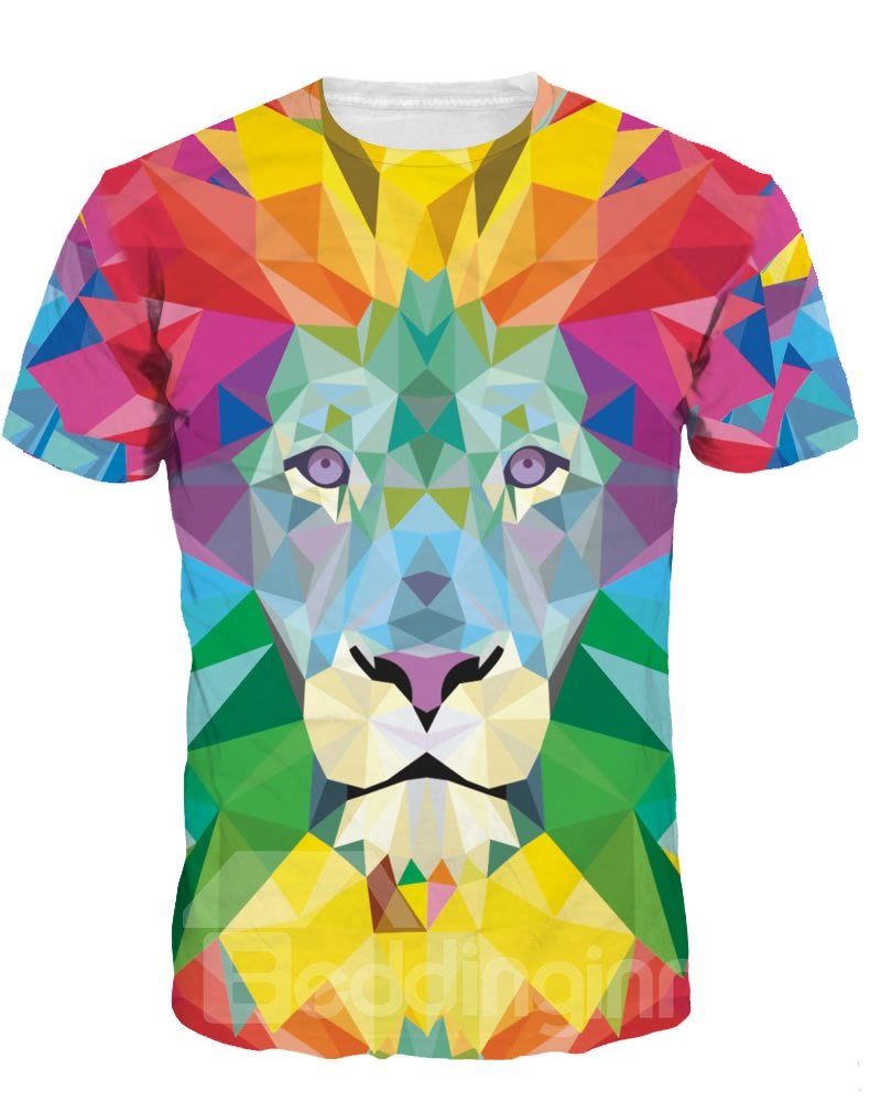 Geometric Abstraction Lion Short Sleeve Round Neck 3D Painted T-Shirt