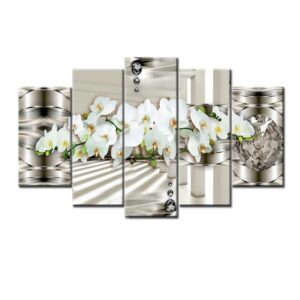 White Orchid Pattern 5 Pieces Hanging Canvas Waterproof Eco-friendly Wall Prints