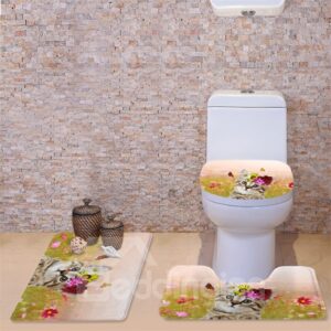 3D Cat with Flowers and Butterflies Pattern Flannel 3-Piece Toilet Seat Cover