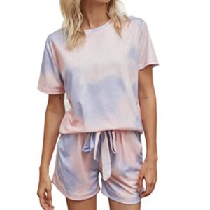 Casual Pink Gradient Lace-Up Round Neck Short Sleeve Women's Pajama Suit for Spring Summer