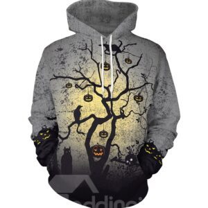 Halloween Pumpkin and Tree Loose Model Polyester 3D Painted Hoodie
