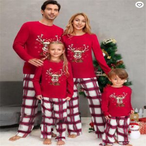 Red Plaid Cartoon Deer Head Parent-child Family Outfit Suit Long Sleeve Top Trousers Christmas Gift