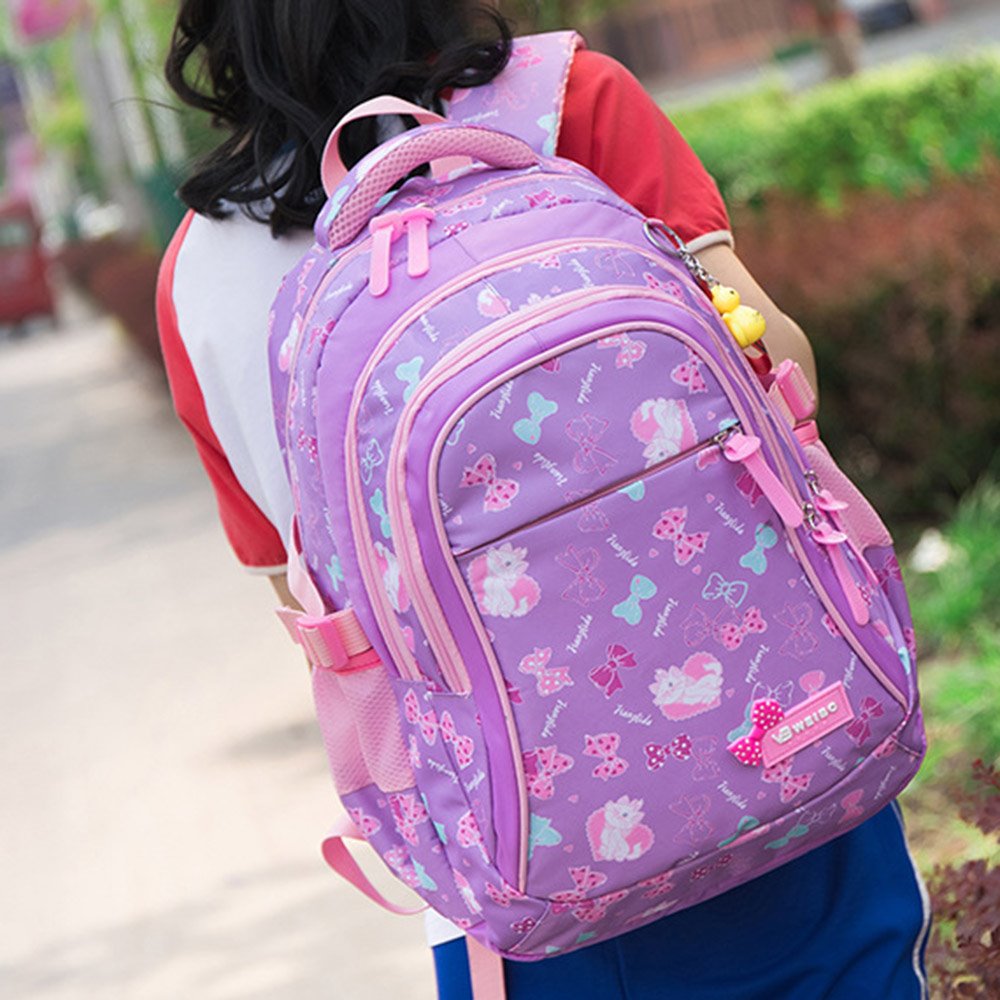 Purple Kitty Backpack School Bag Nylon Rucksack Large Capacity Book Bag For Girls