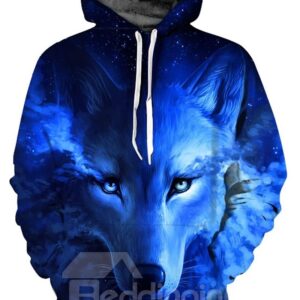 Long Sleeve Blue Wolf Tear Pattern 3D Painted Hoodie