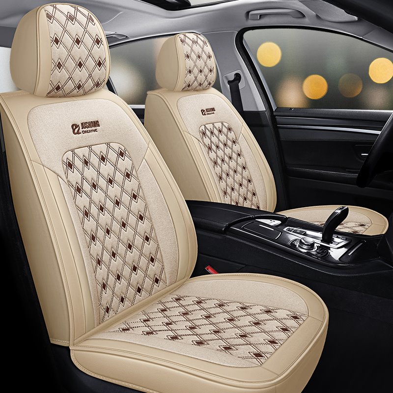 5 Seats Durable Leather Environmentally Friendly and Breathable Linen Material Trendy Diamond Lattice Pattern Security No Odor Stain Resistant Wear Resistant Full Coverage Four Seasons Universal Seat Covers - Image 4