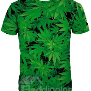 Round Neck Leaves Pattern Green 3D Painted T-Shirt