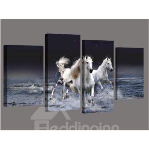 White Running Horses 4-Panel Canvas Hung Non-framed Wall Prints