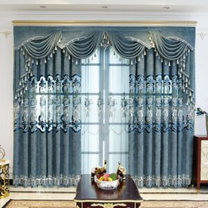 European Floral Embroidered Hollowed-out Custom 2 Panels Chenille Blackout Curtain Drapes for Living Room No Pilling No Fading No off-lining