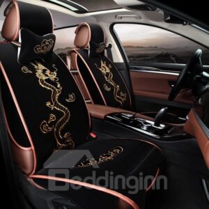 Leather Material Gold Dragon With Clouds Embroidery Crafts Suede Universal Car Seat Cover Automotive Vehicle Cushion Cover for Cars SUV Pick-up Truck Universal Fit Car Seat Covers Auto Interior Accessories
