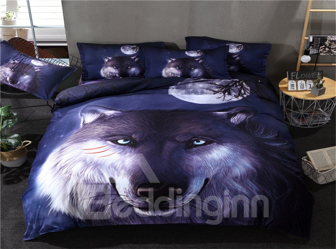 3D Wolf Printed Polyester 3-Piece Dark Blue Bedding Sets/Duvet Covers - Image 2