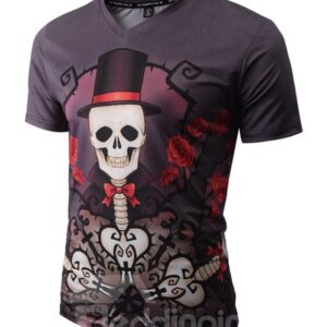 Special V Neck Skull with Hat Pattern 3D Painted T-Shirt