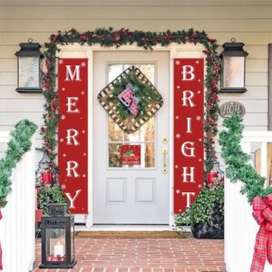 Merry Christmas Decorations Banner, Christmas Porch Sign Red Hanging Banners for Indoor Outdoor Front Door Wall Xmas Christmas Decoration