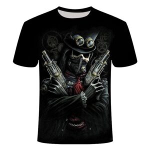 Black 3D Print Skull and Gun Men's T-shirt Black Creative Casual Couple Outfit Unisex Short Sleeve Round Neck Loose T-shirts Polyester