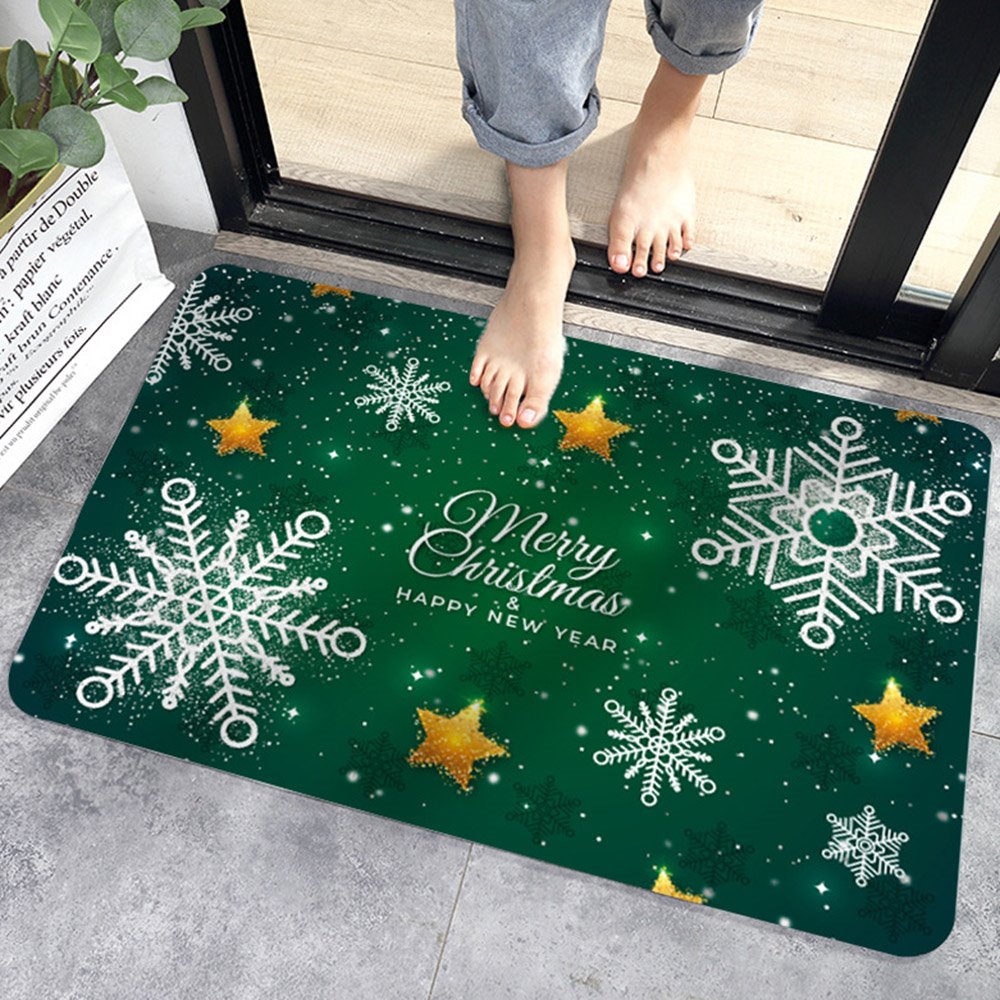 Christmas Snowflake Pattern Green Bath Mat Skid Resistance Rectangle
