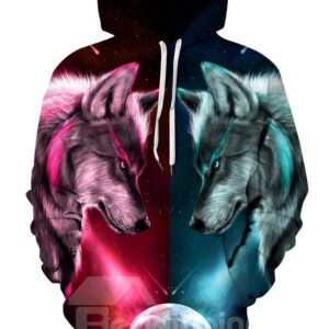 Cool Wolves Loose Model Pullover Kangaroo Pocket 3D Painted Hoodie