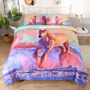 US Only 3D Horse Comforter Set for Girls 3-Piece Bedding Set Pink Purple Comforter with White Snow and Farm House Print Ultra Soft Lightweight All Year Round 1 Comforter 2 Pillowcases