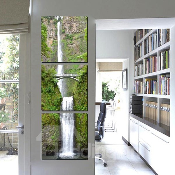 20¡Á20in¡Á3 Panels Green Plants on Mountains and Waterfall 3-Panel Hanging Framed Wall Prints