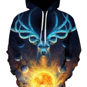 Blue Deer with Sun Long Sleeve 3D Pattern Hoodie