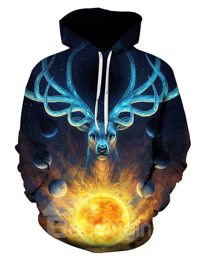 Blue Deer with Sun Long Sleeve 3D Pattern Hoodie