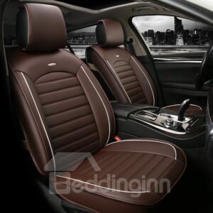 Striated Design Plus Two Bright Line Universal Leather Car Seat Cover Faux Leatherette Automotive Vehicle Cushion Cover for 5 Seat Cars SUV Sedan